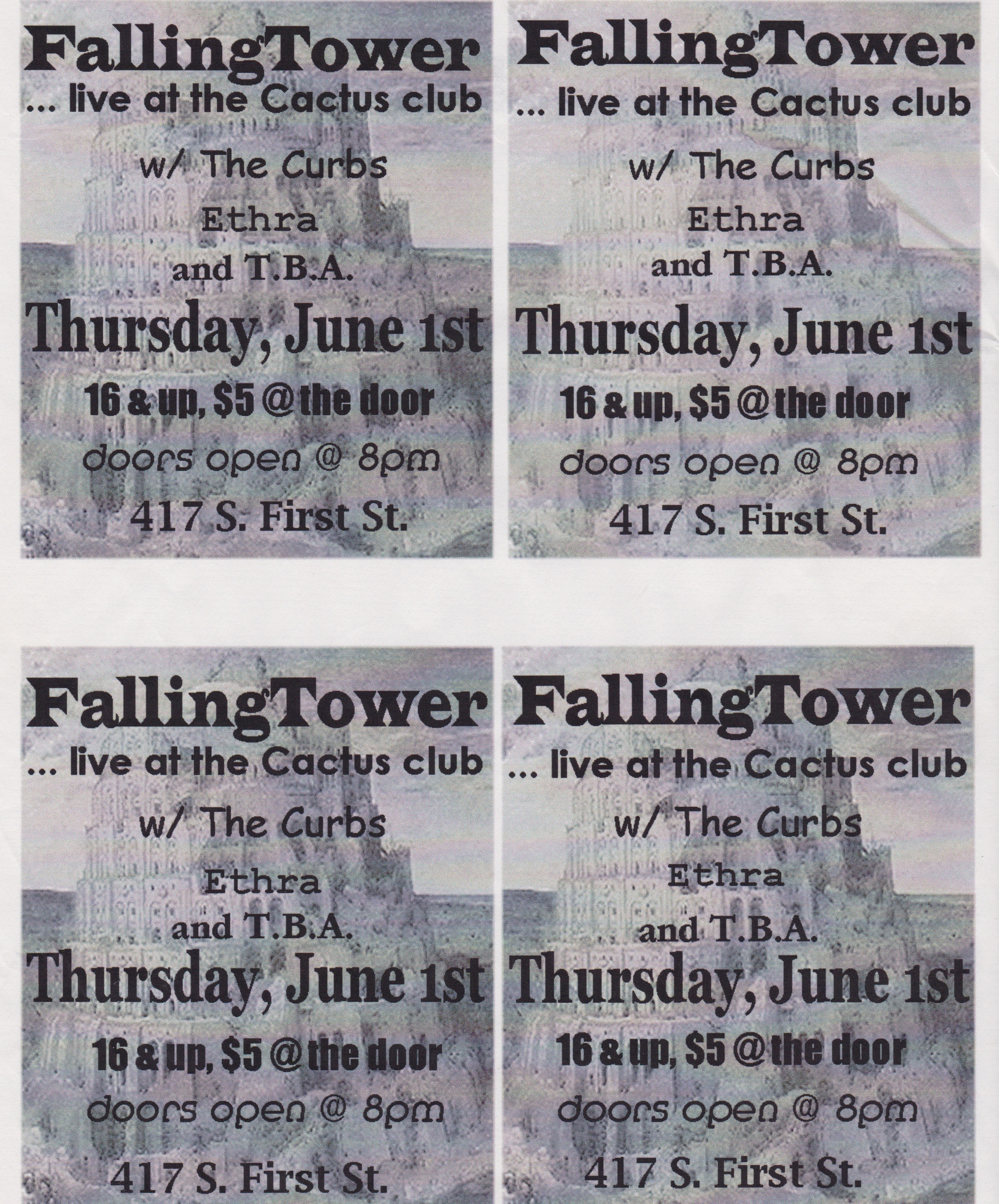 flyer for falling tower show on june 1st, 2000 at the cactus club in san jose, ca