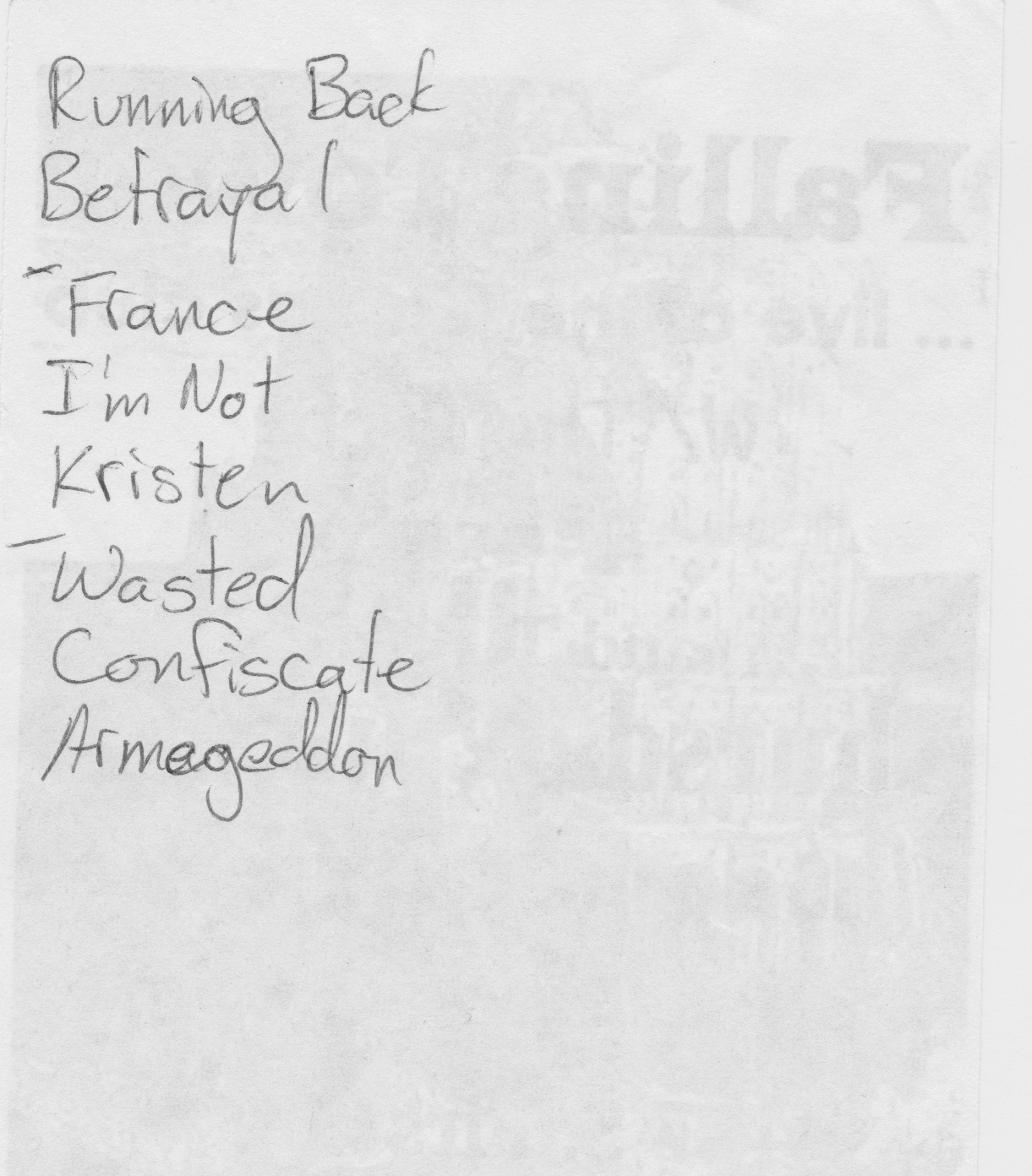 back of a flyer setlist for falling tower show on june 1st, 2000 at the catus club in san jose, ca
