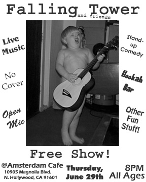 Falling Tower Flyer for Free Show on June 29th, 2007 with a naked kid playing a guitar