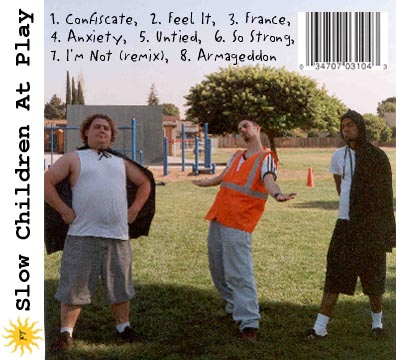 falling tower slow childen at play album back cover with a picture of michael, ryan, and peter wearing cheap super hero costumes